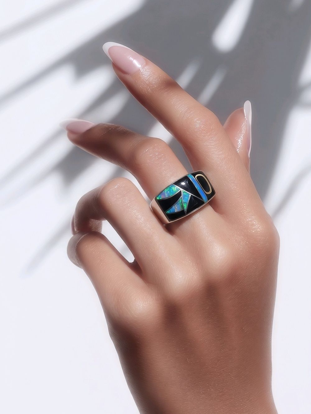 Inlaid Opal Wide Band Ring - Black and Iridescent Blue-Green
